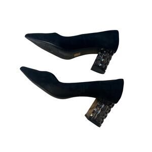 Pedro Anton Spain Black Suede Pointed Pumps Lucite Acrylic Block Heel Sz 41 / 10